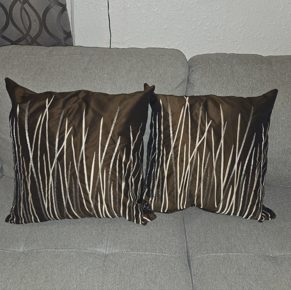 Two Pier One Brown With Silver Laymay Trim Throw Pillows